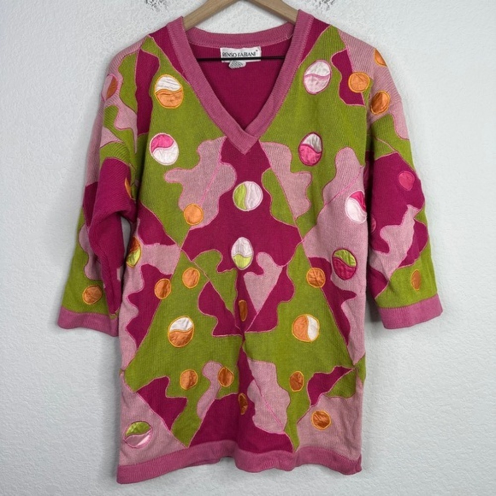 Renso Fabiani Sweater Women Medium Pink Abstract 3/4 Sleeve Retro Colorblock 80s